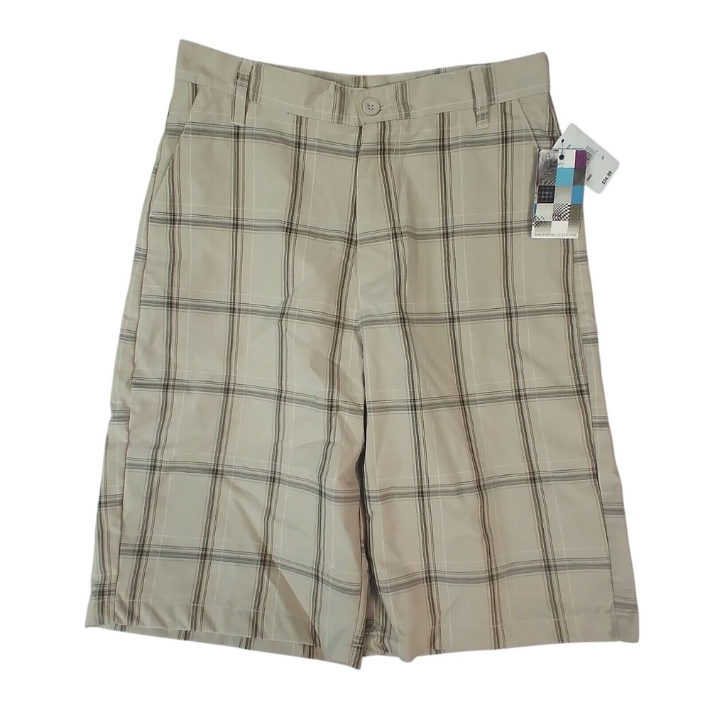 Burnside shorts youth boys size 18 tan beige plaid lightweight cotton NEW